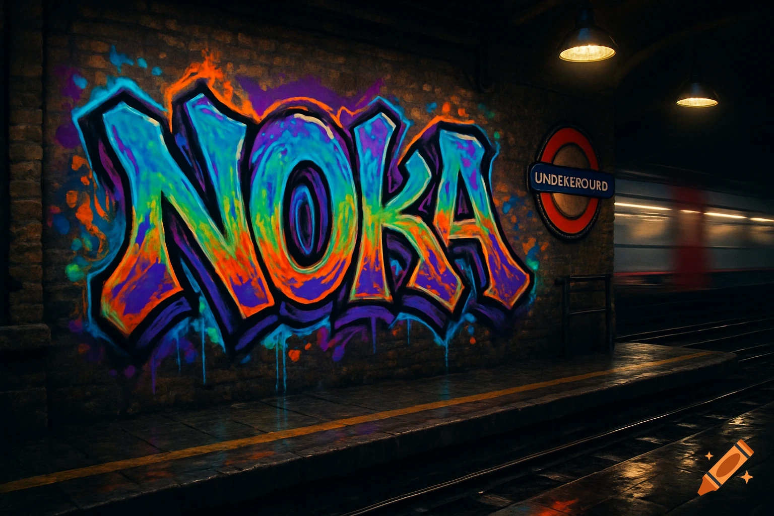 Colorful graffiti tag "NOKA" on a brick wall in a dark London Underground station, with a train passing in the background.