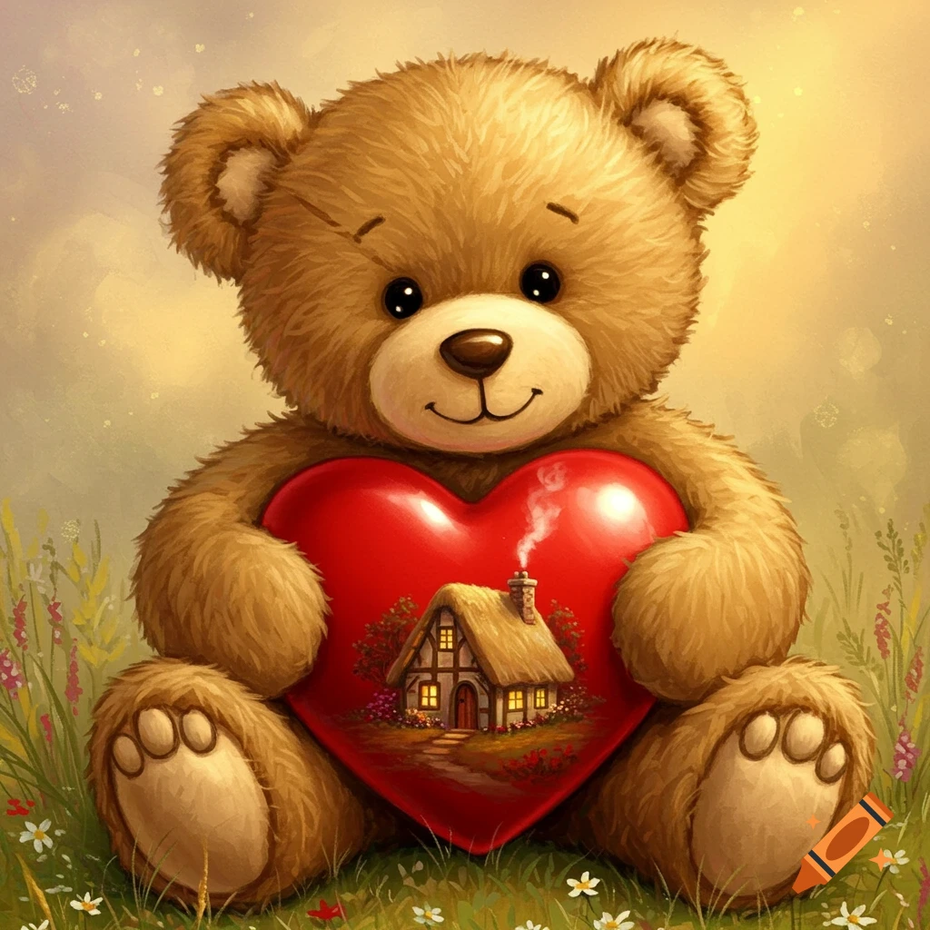 A cute fluffy teddy bear sitting in a field of flowers, holding a large red heart with a cozy, illuminated cottage inside.