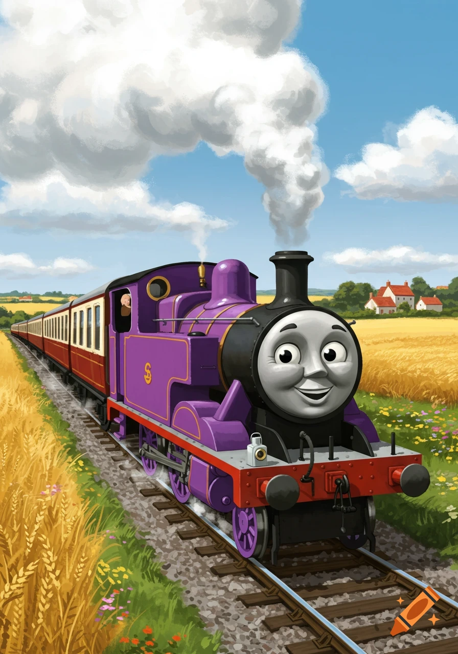 A smiling purple cartoon train with a face, pulling passenger cars through a golden field under a blue sky with clouds.
