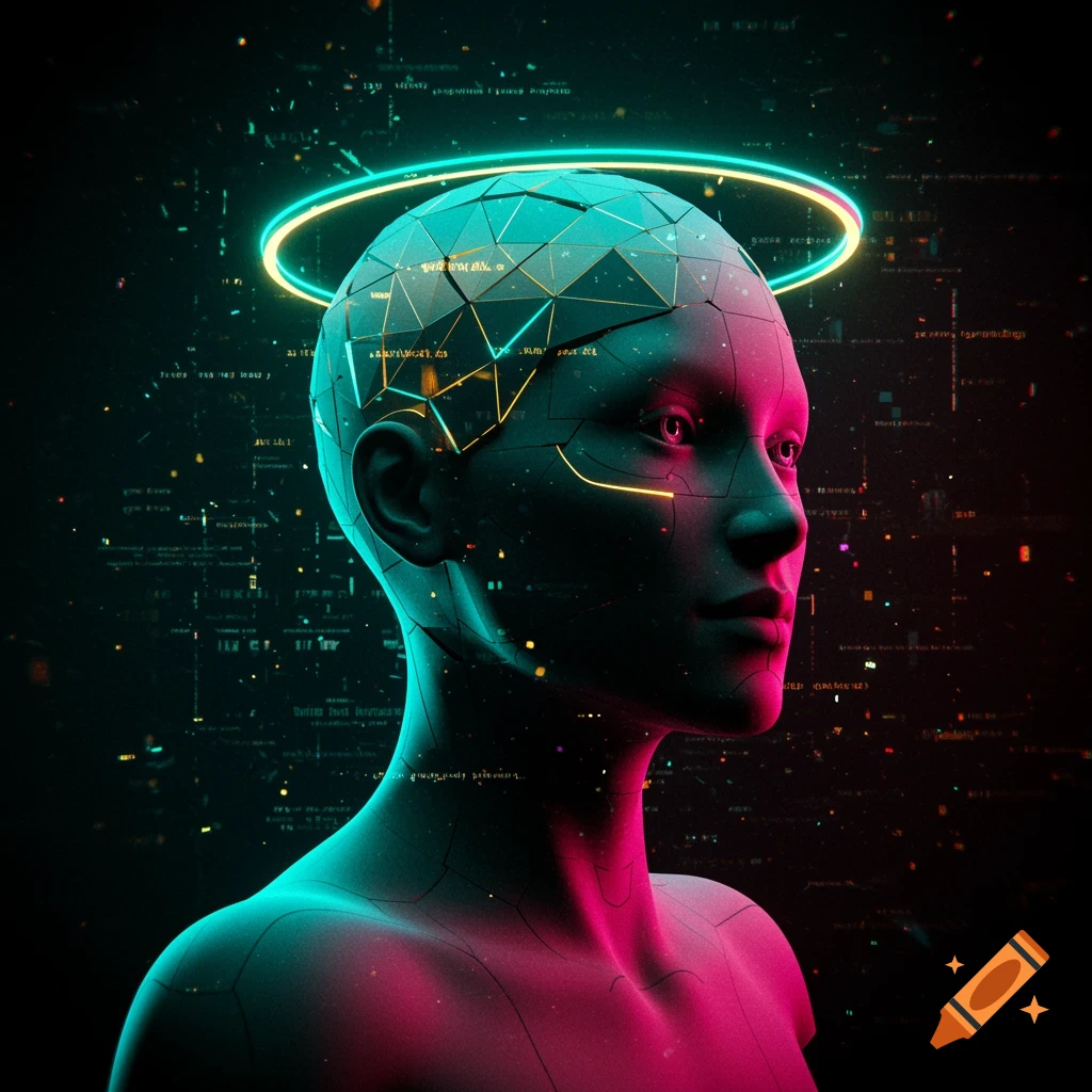 A futuristic cybernetic human bust with geometric segmentation and glowing lines, a neon halo, and teal and magenta lighting against a digital background.