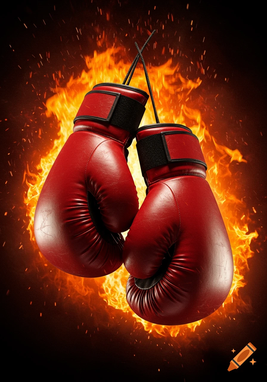 Two red boxing gloves hang against a backdrop of orange flames and sparks, in a dynamic, realistic style.