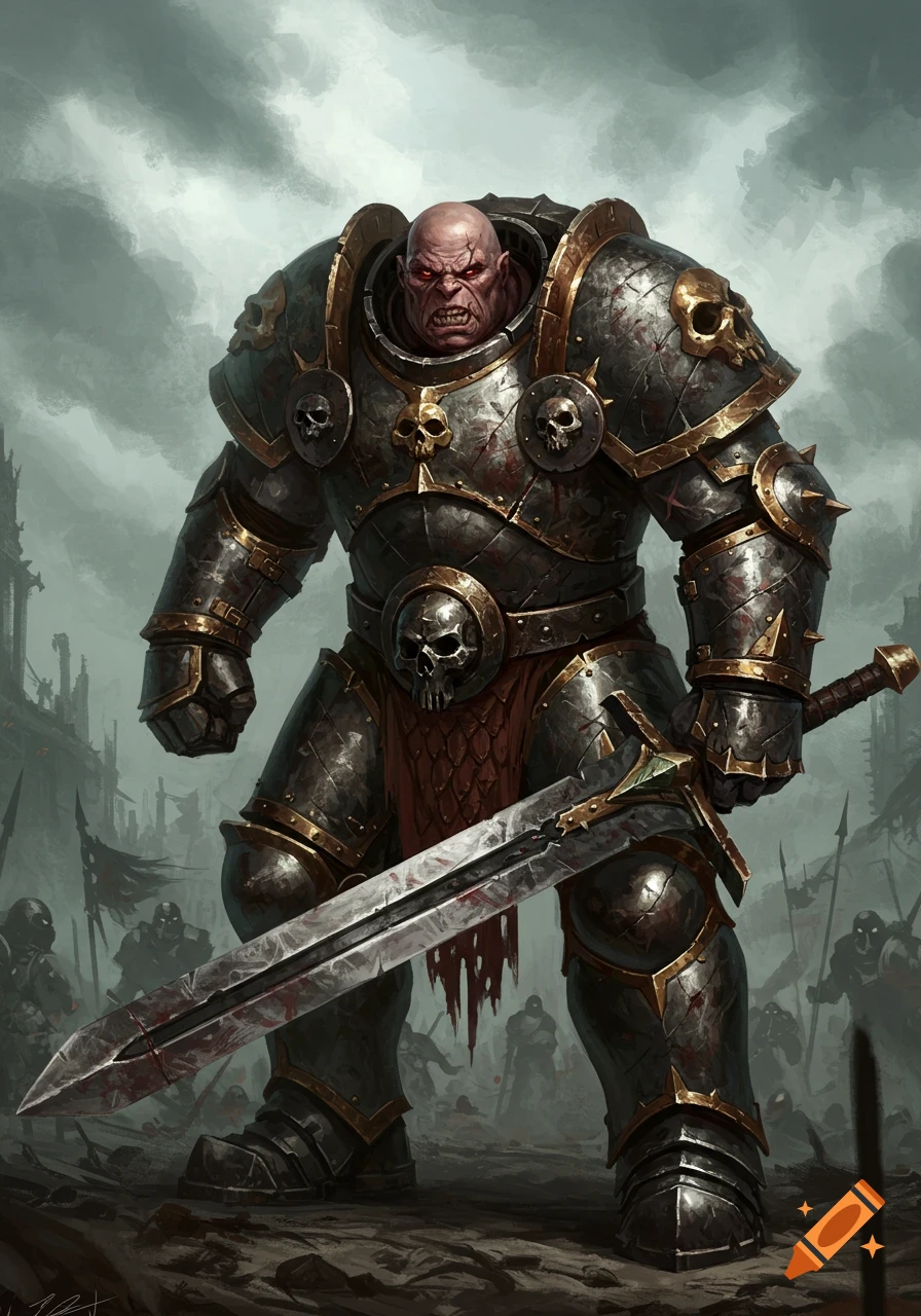 A fierce, bald warrior in dark, skull-adorned armor, holding a large bloody greatsword on a battle-scarred field.