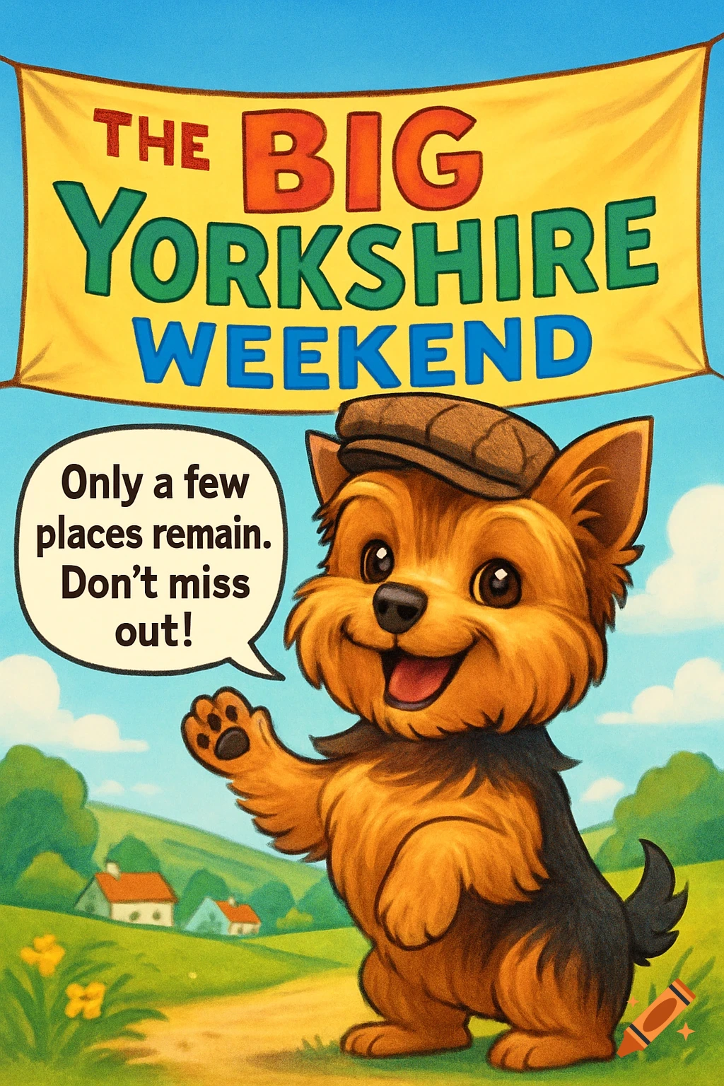 A smiling cartoon Yorkshire terrier in a flat cap waves, with a speech bubble saying 'Only a few places remain. Don't miss out!' and a banner overhead reading 'The BIG Yorkshire Weekend'.