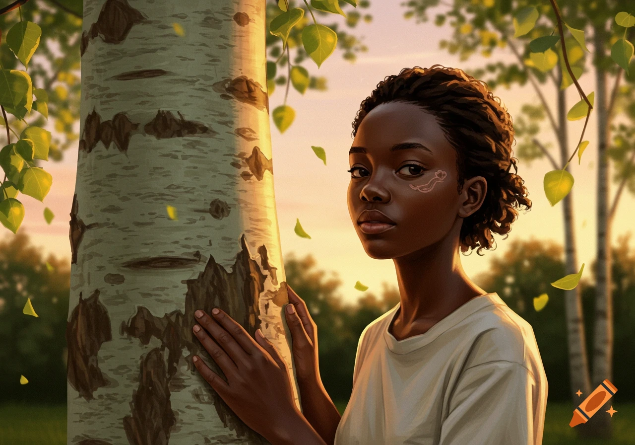 A young Black woman with a tadpole birthmark on her eyelid stands next to a birch tree at sunset. Realistic digital painting.