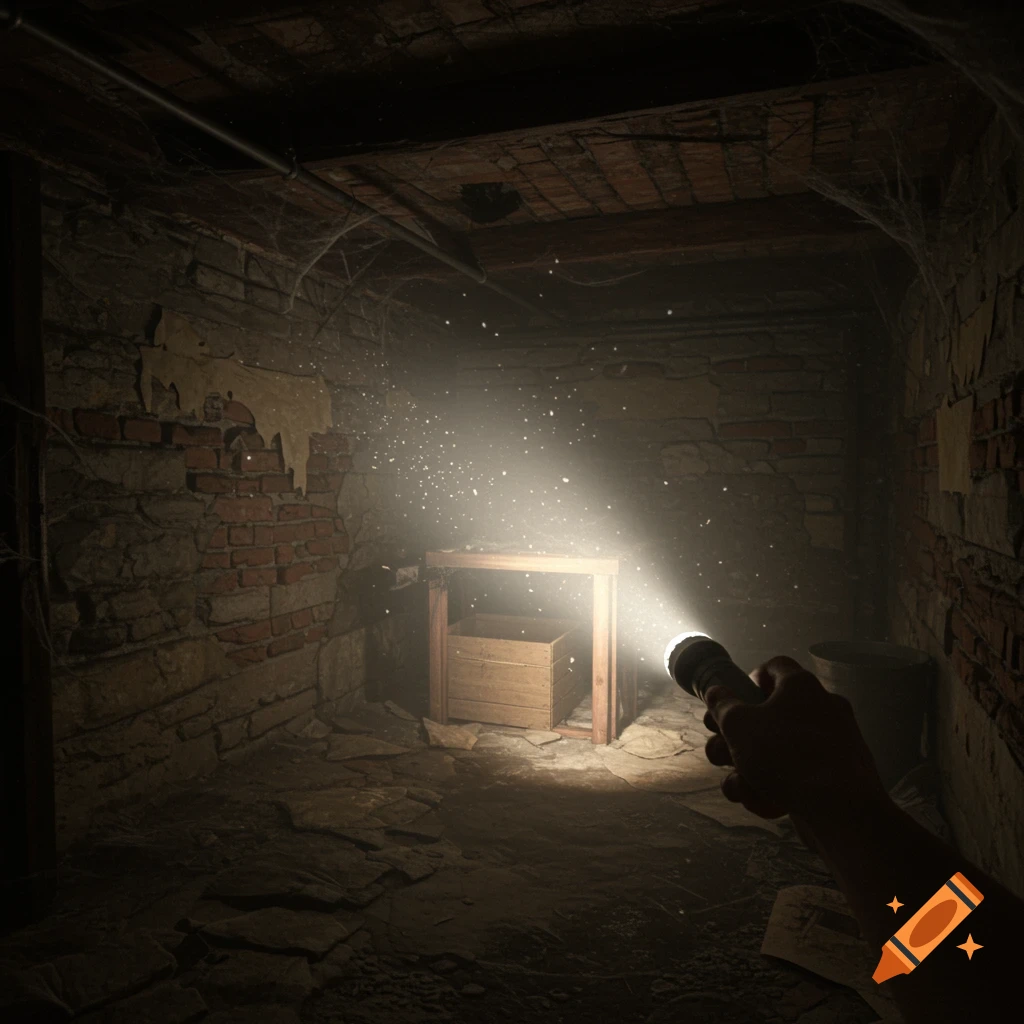 First-person view of a flashlight illuminating a wooden box in a dusty, cobweb-filled basement with brick walls.