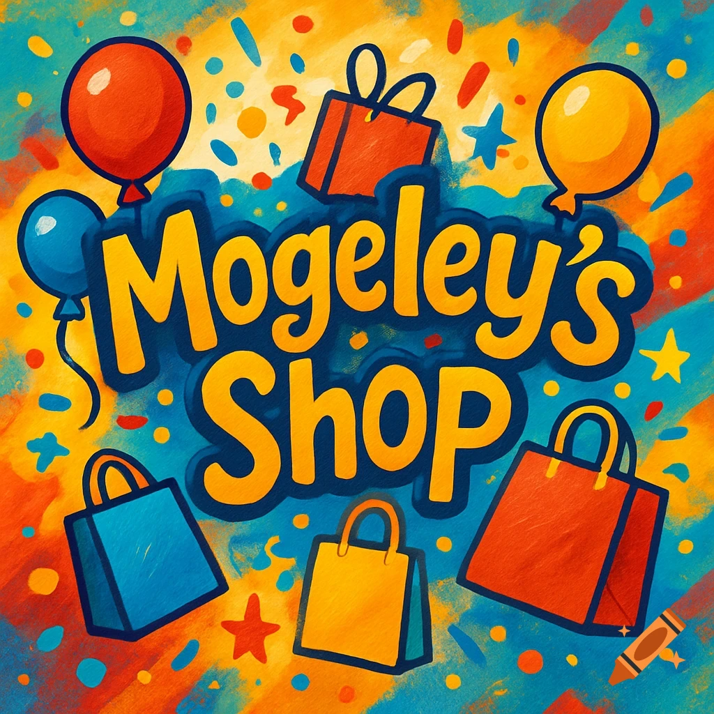 Vibrant, colorful illustration of 'Mogeley's Shop' text surrounded by balloons, gift boxes, shopping bags, and confetti.