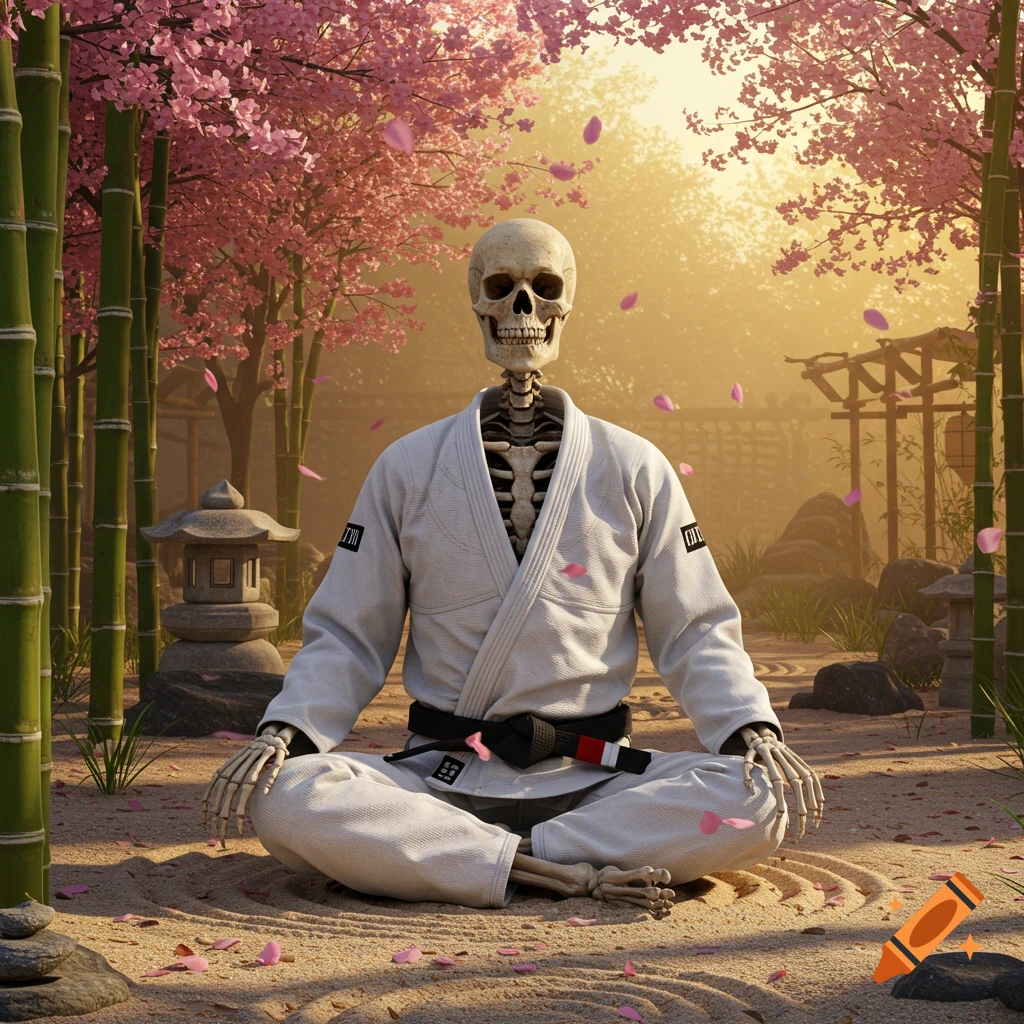 A skeleton wearing a white BJJ gi with a black belt sits cross-legged in a peaceful pose amidst a serene Japanese garden with cherry blossoms and bamboo.
