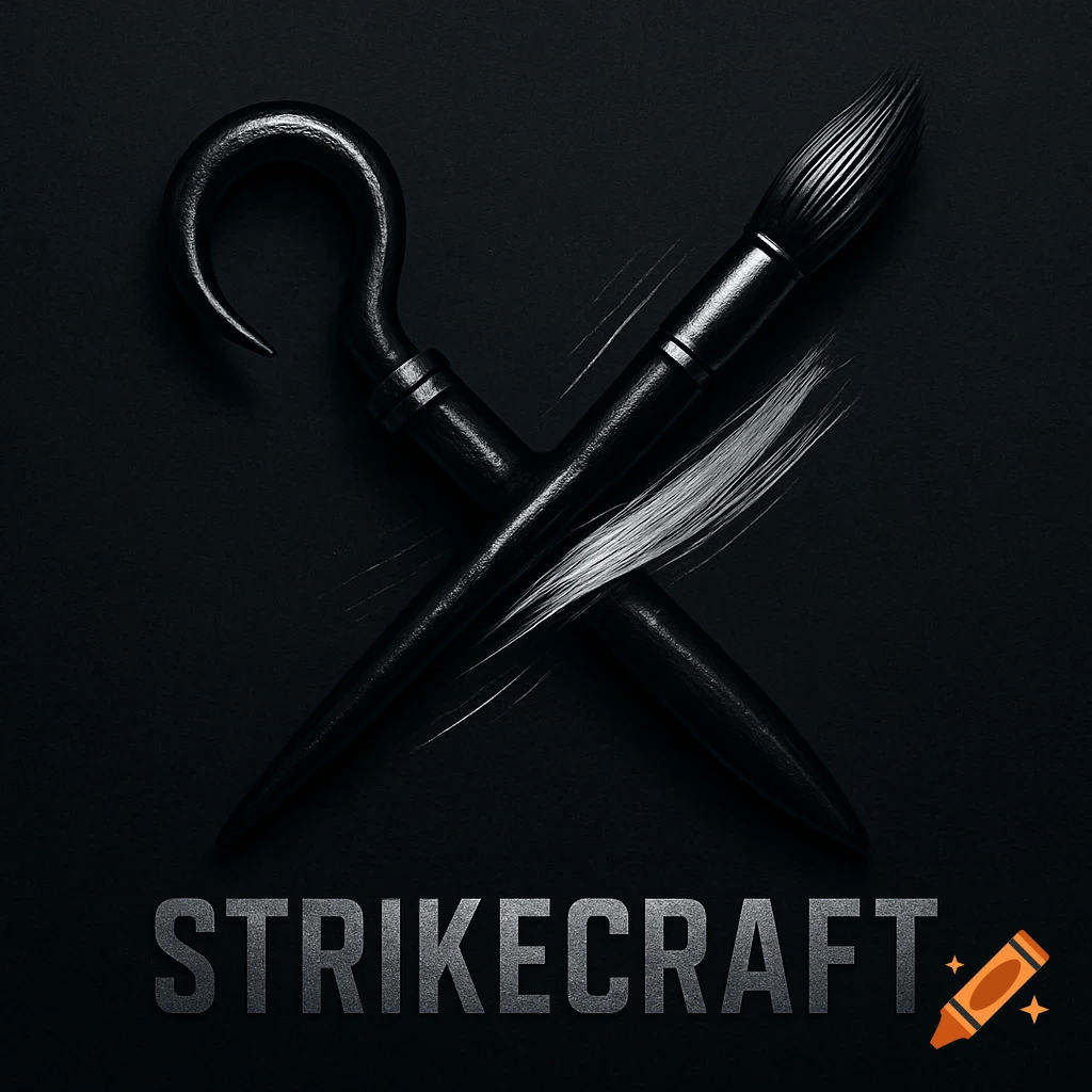 A black hook and paintbrush crossed in an X shape over a dark background, with the word 'STRIKECRAFT' in metallic grey below.