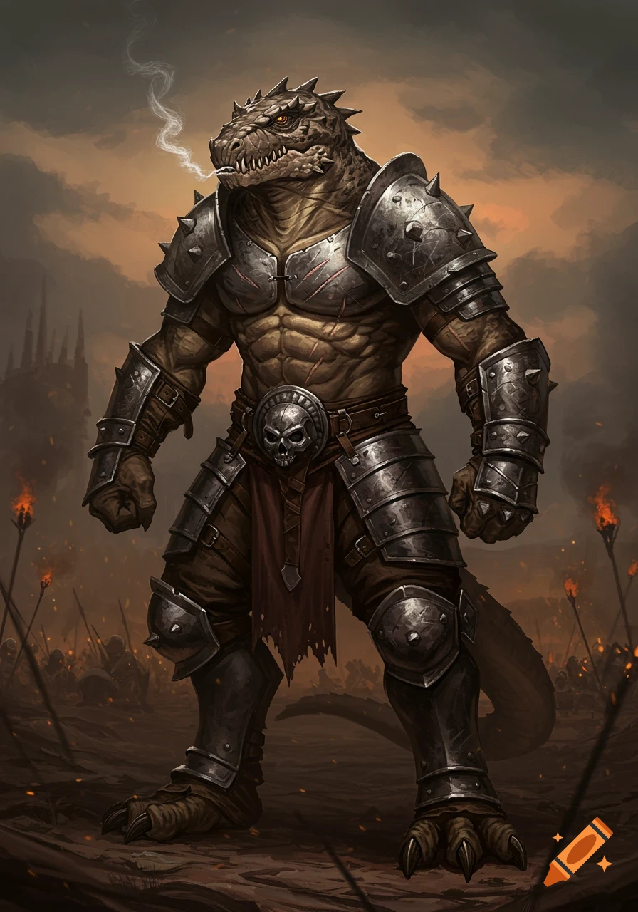 A muscular lizardfolk barbarian in heavy armor stands on a battlefield, smoke billowing from his mouth, ready for combat.