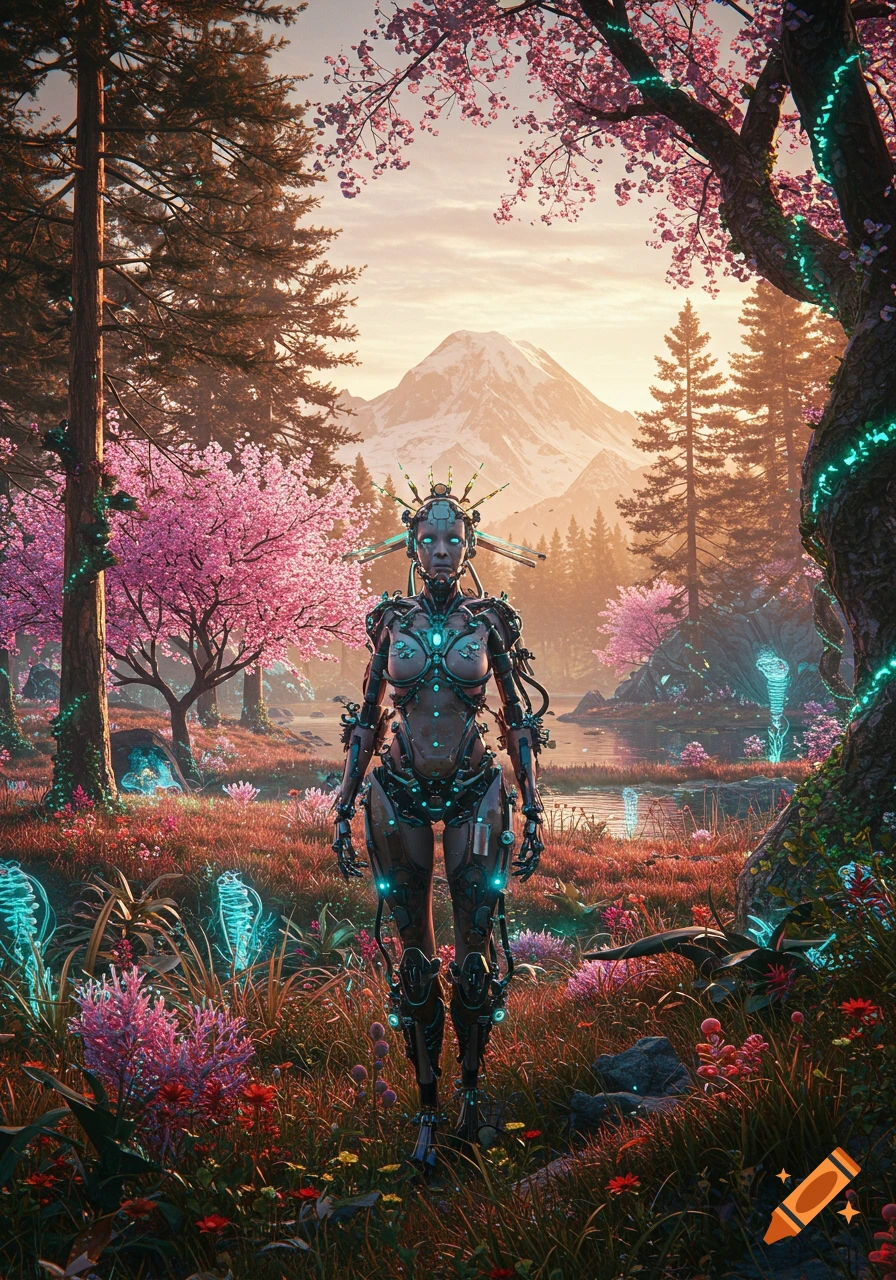 A detailed image of a female cyborg standing in a lush biopunk forest with pink cherry blossoms and a snowy mountain in the background.