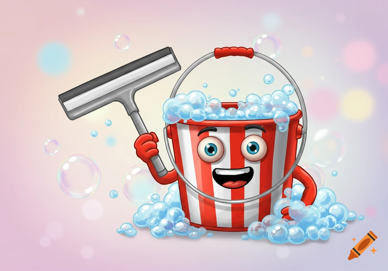 A happy cartoon red and white striped bucket character holds a squeegee amidst soap bubbles.