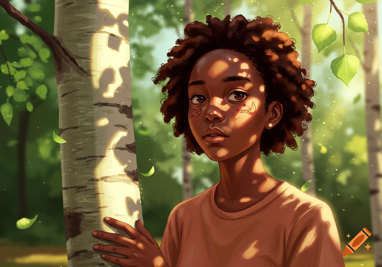 An illustrated portrait of a young Black person with curly hair standing next to a tree in a sun-dappled forest.