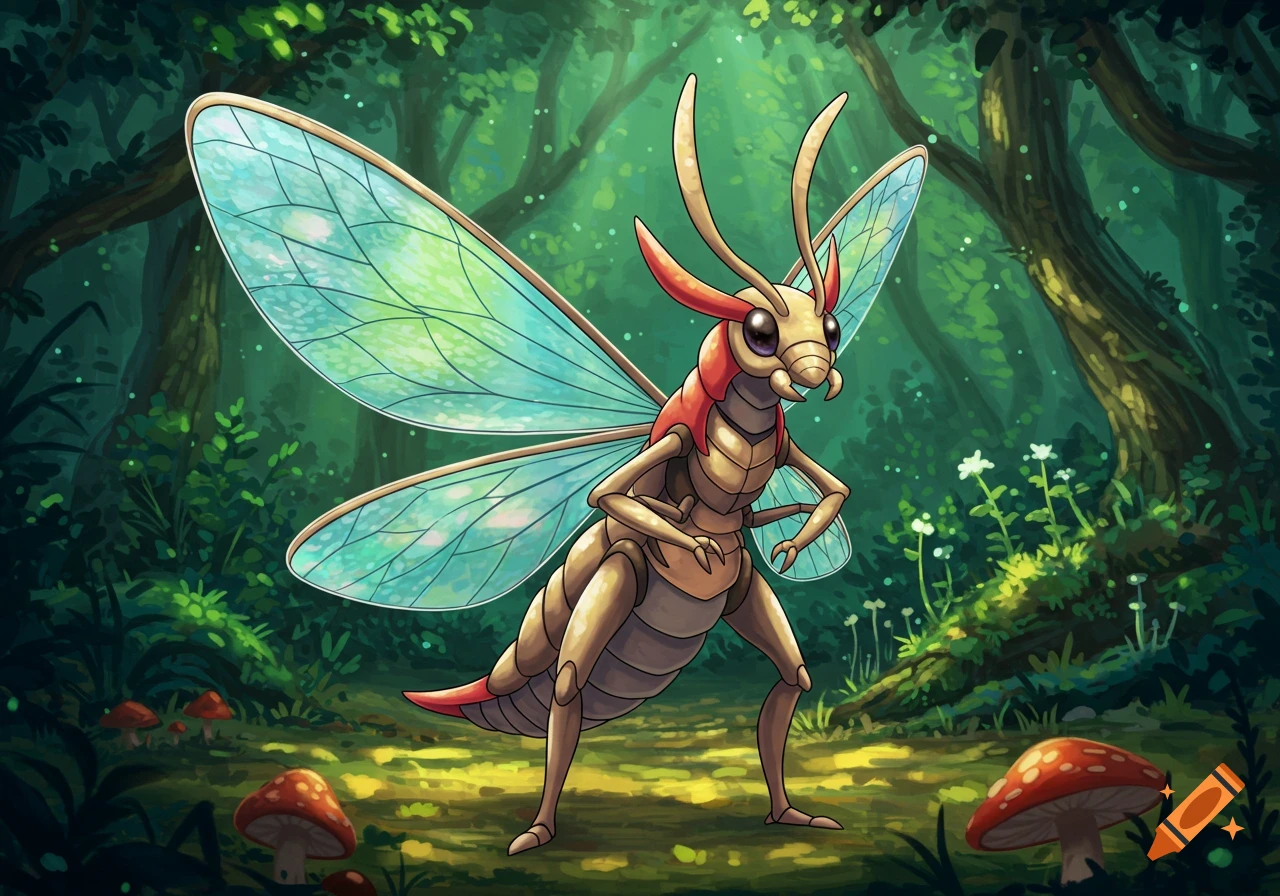 A vibrant cartoon-style bug-like creature with large translucent wings stands in a lush green forest with glowing light and mushrooms.