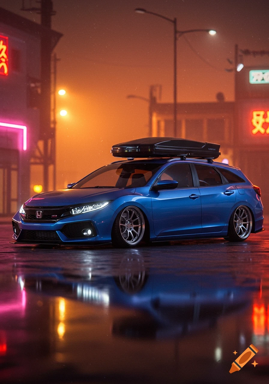 Blue slammed Honda Civic station wagon with a roof box on a wet city street at night, neon lights reflecting.