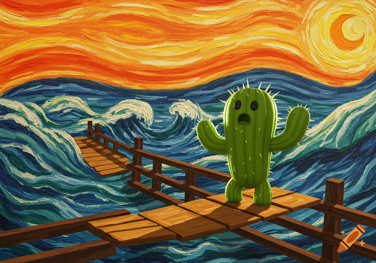 A shocked Cactuar character stands on a wooden pier amidst stormy, wavy blue seas under a swirling orange and yellow sky, in a Van Gogh-inspired painting.