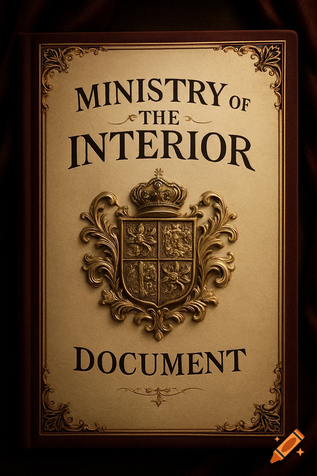 A vintage-style book cover with a gold coat of arms and ornate borders, titled 'Ministry of the Interior Document'.