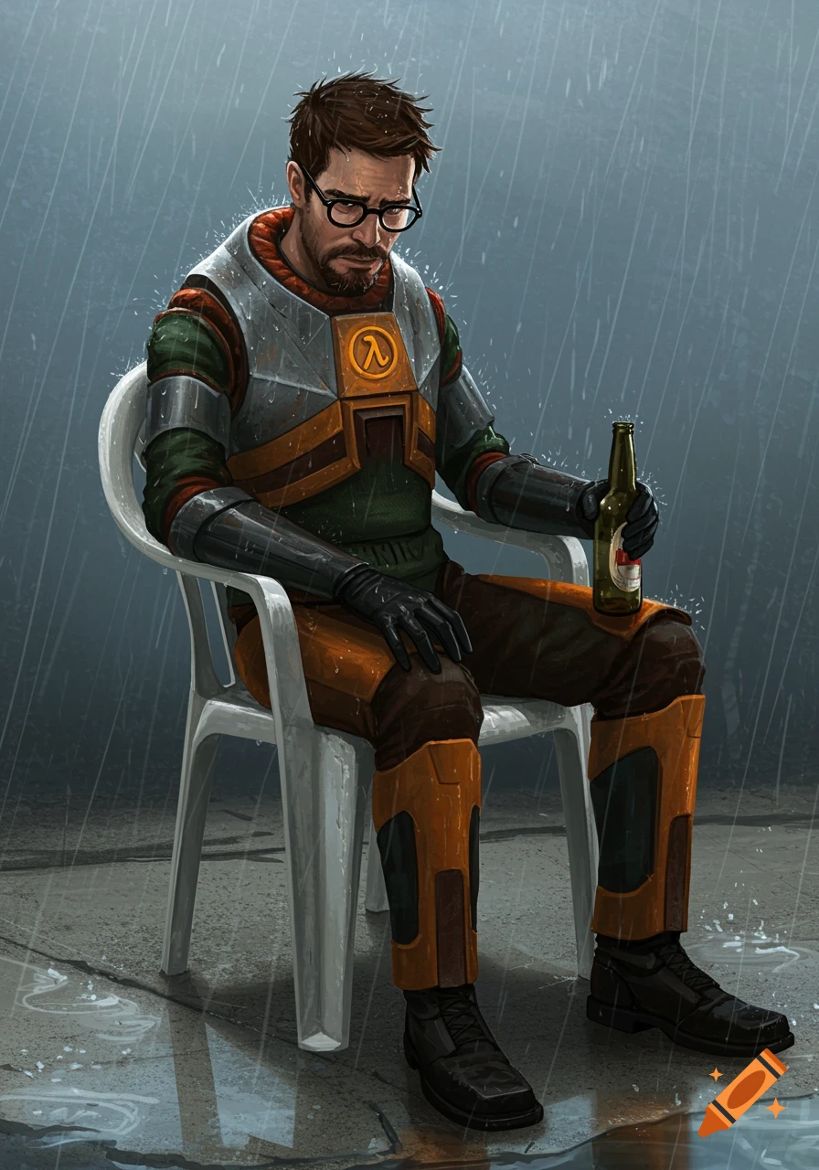 Gordon Freeman sits on a white plastic chair in the rain, looking depressed and holding a beer bottle.