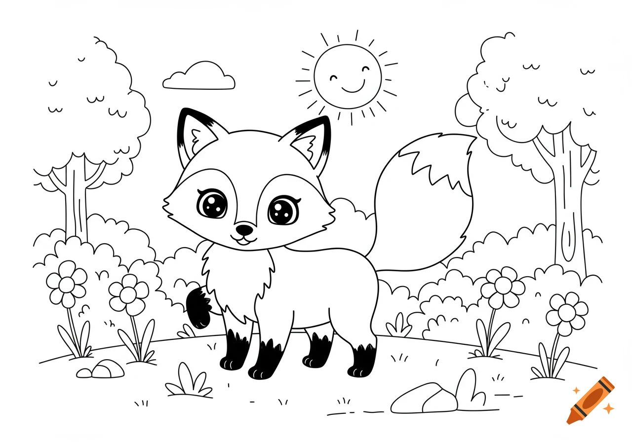 A black and white cartoon fox stands in a forest with trees, bushes, flowers, and a smiling sun, in the style of a coloring book page.