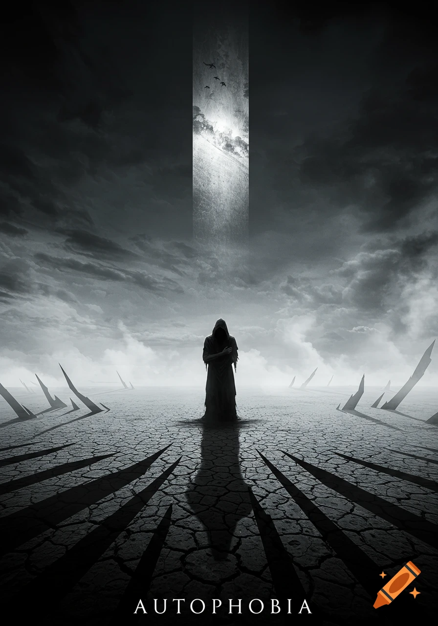 A dark, desolate landscape with cracked earth under a stormy sky. A lone hooded figure stands centrally, with a bright, textured vertical column of light above them. Sharp shadows stretch from the foreground, and the word "AUTOPHOBIA" is at the bottom.
