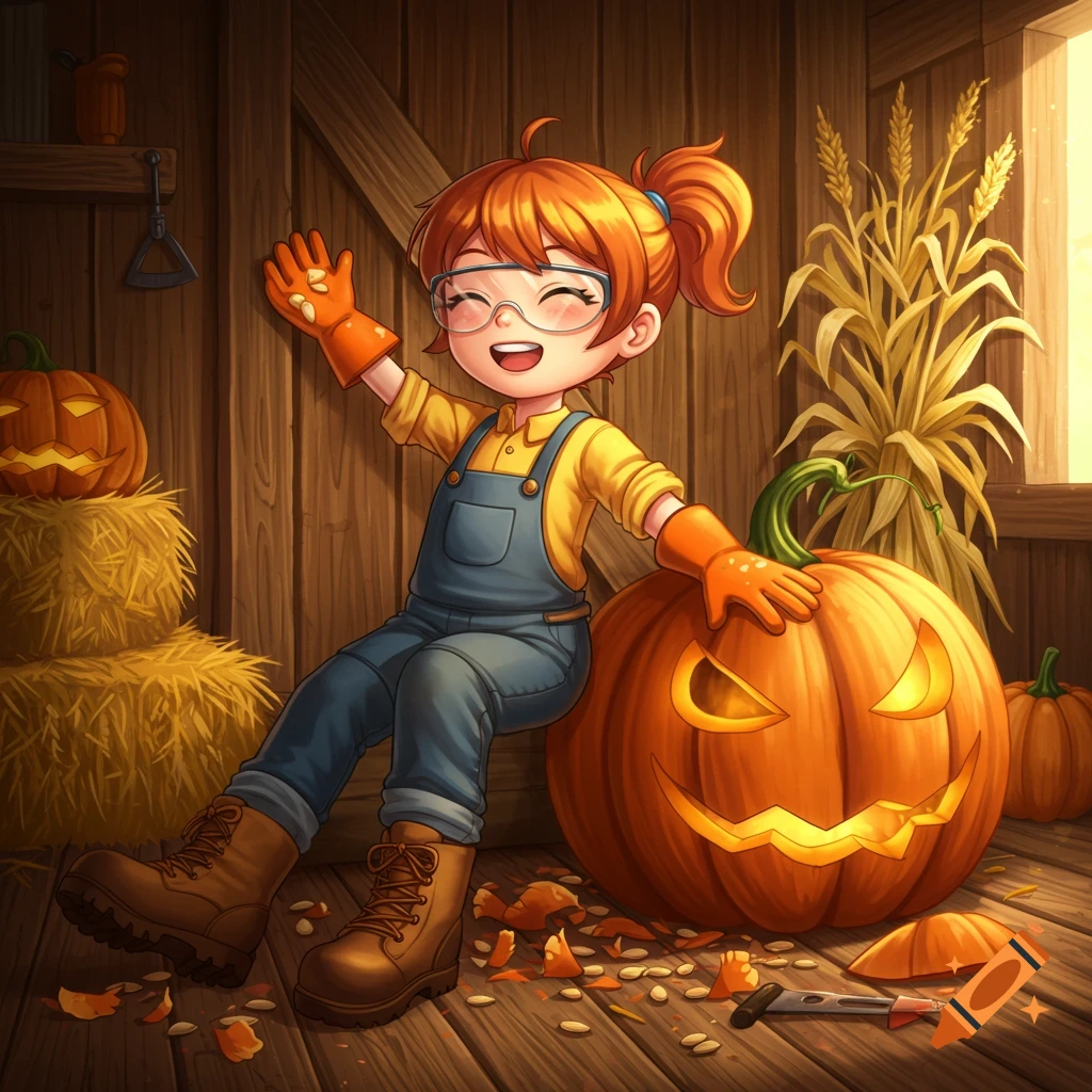 An anime girl in overalls and safety gear waves next to a carved Halloween pumpkin in a barn.