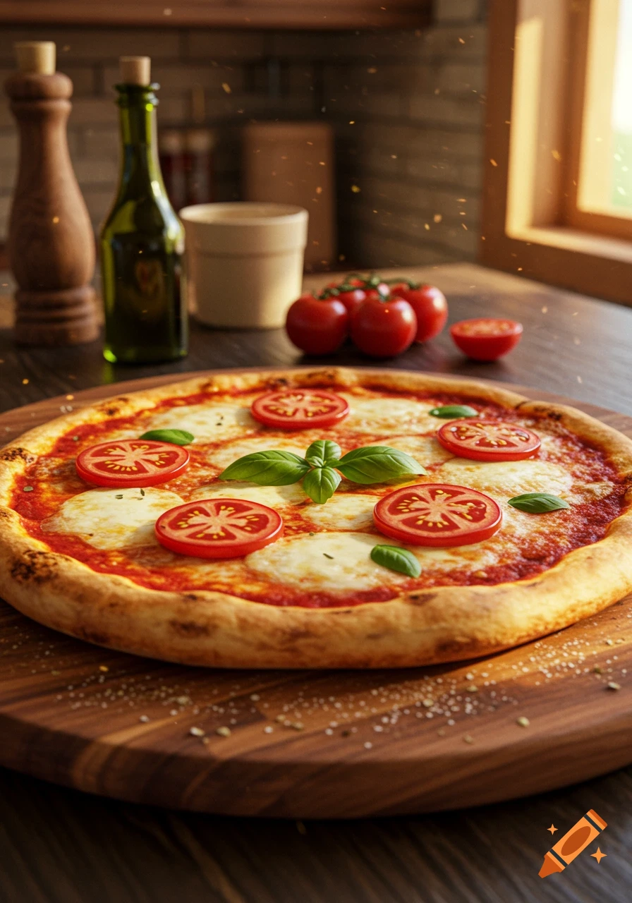 A photorealistic Pizza Margherita with basil and sliced tomatoes on a wooden board, with ingredients in the background.