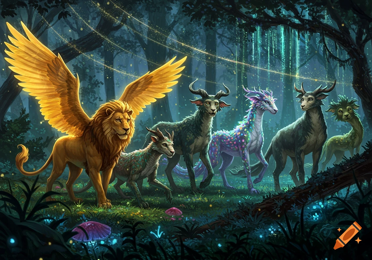 A majestic golden-winged lion leads a diverse group of colorful fantasy creatures through an enchanted, glowing forest at dusk.