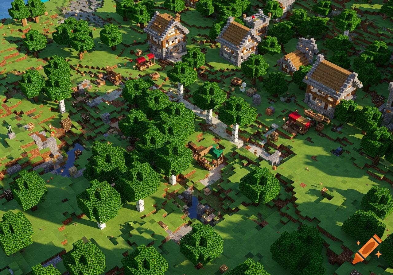 Isometric view of a blocky Minecraft-style village with houses, green trees, paths, and small streams under sunlight.