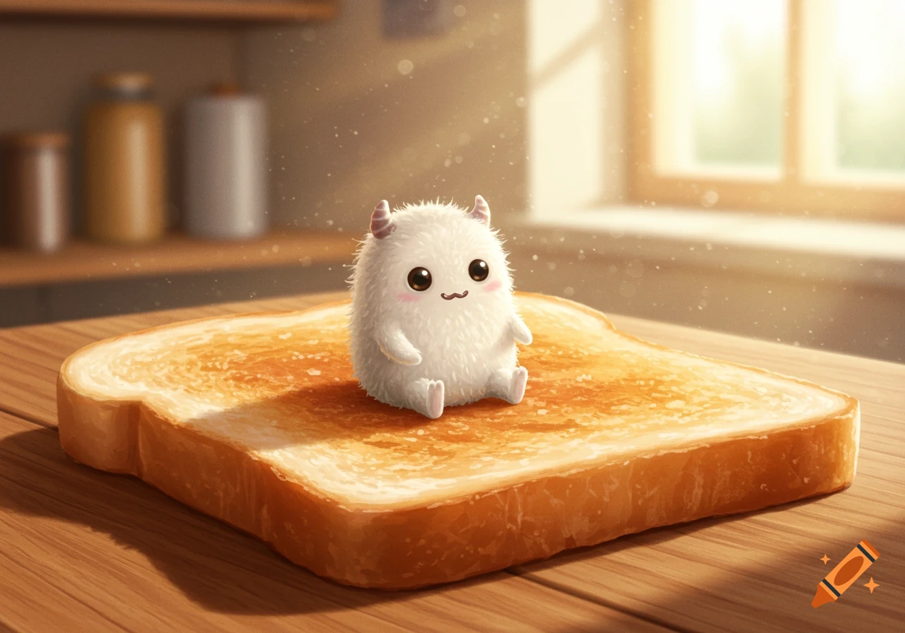 A fluffy white monster with small horns and a cute face sits on a slice of golden-brown toast in a sunlit kitchen.