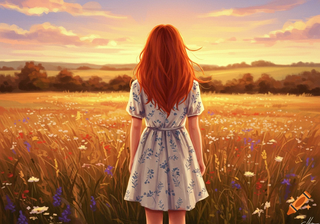 Digital painting of a red-haired girl in a white dress with blue flowers, standing in a field of wildflowers at sunset.