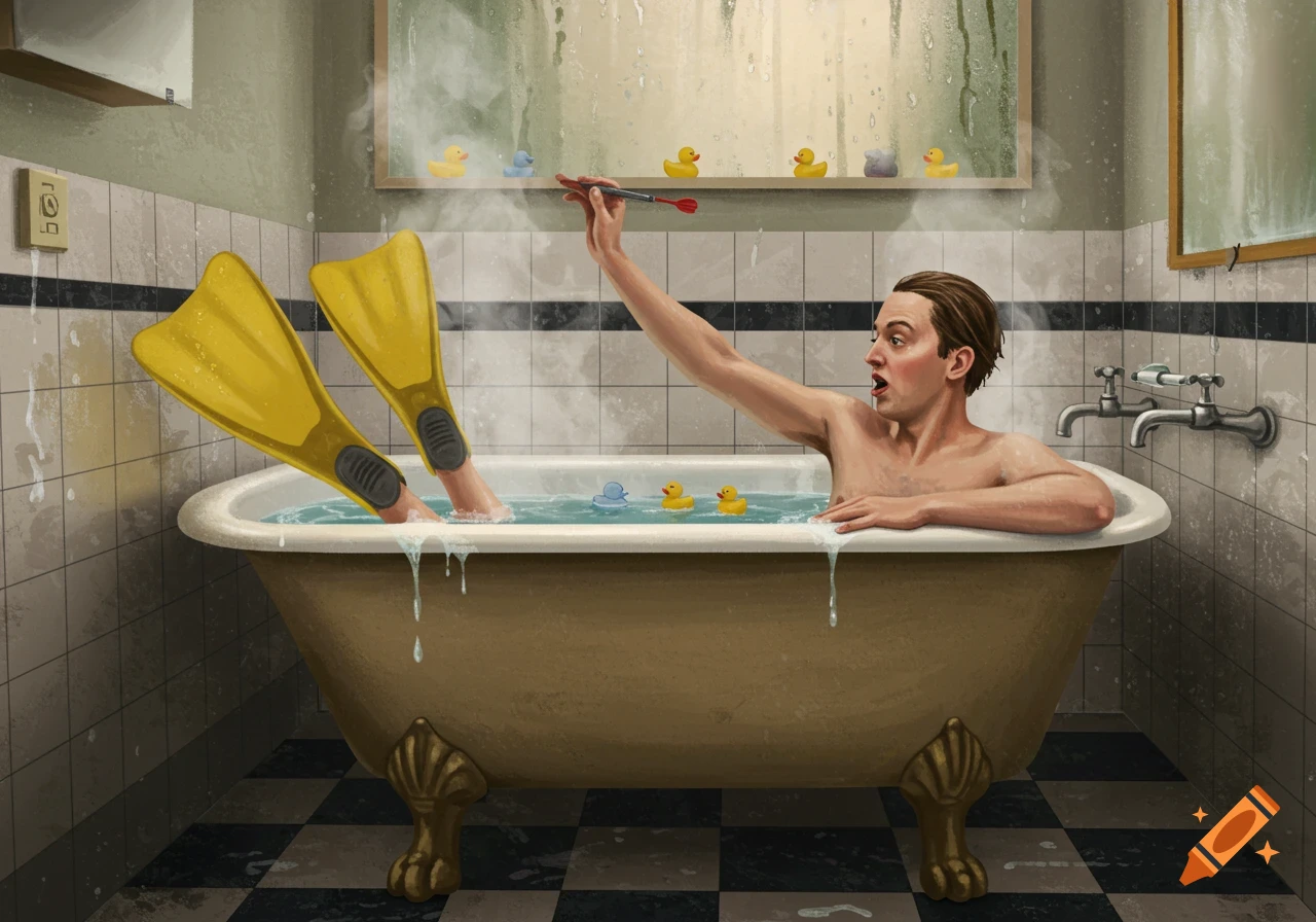 A man wearing yellow swim fins in an overflowing bathtub, holding a dart. Rubber ducks float in the water.