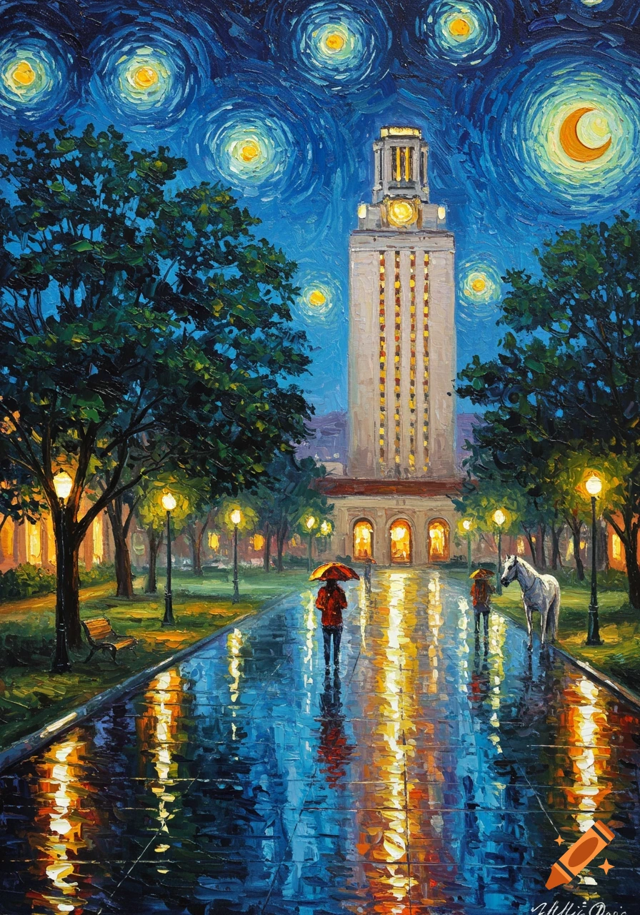 A Van Gogh-style oil painting of the UT Tower at night, with people holding umbrellas walking on a wet path, and a white horse nearby.