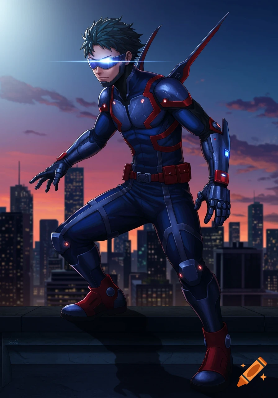 An anime superhero in a dark blue and red armored suit with glowing blue visor, crouching on a city rooftop at sunset.