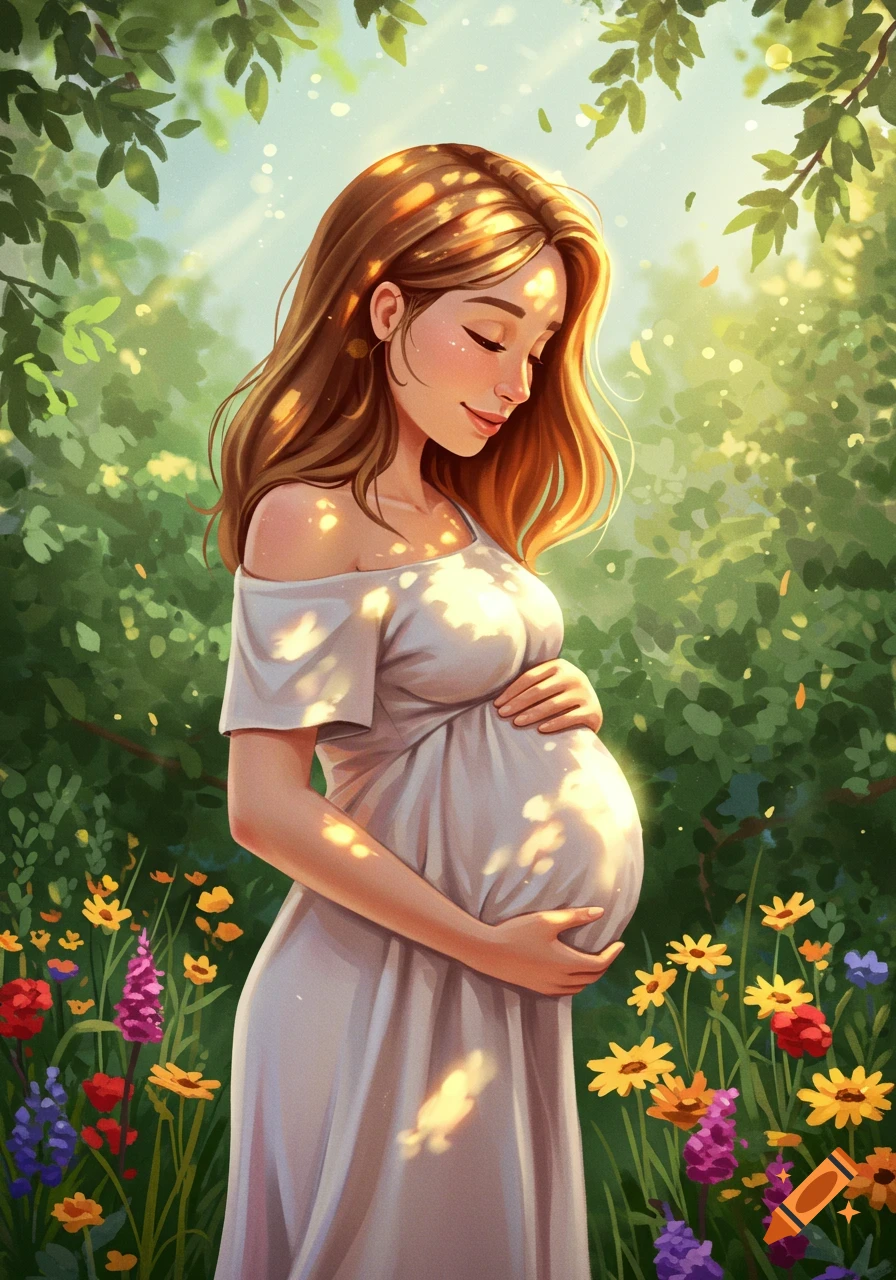 A beautiful pregnant woman in a white dress, gently holding her belly, stands in a sunlit garden filled with colorful flowers. Illustrated style.