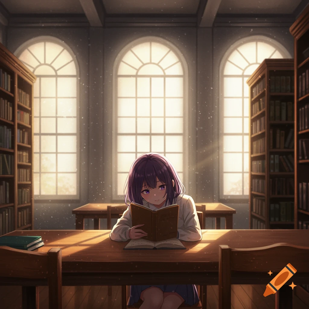 Anime-style illustration of a girl with purple hair reading a book at a wooden desk in a sunlit library with large arched windows.