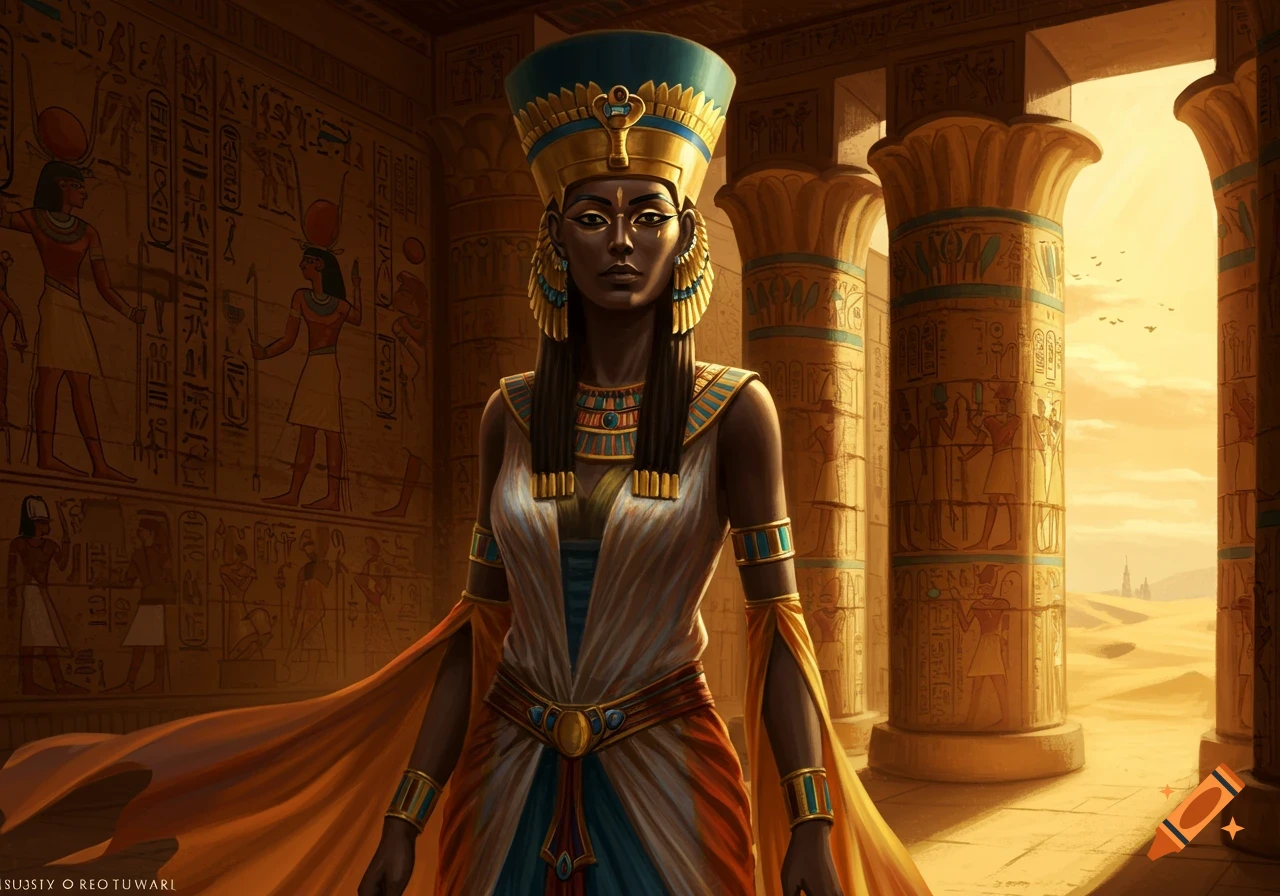 A regal ancient Egyptian queen with dark skin and a tall golden and teal crown stands in a temple hall with hieroglyphic columns, light pouring in from outside.