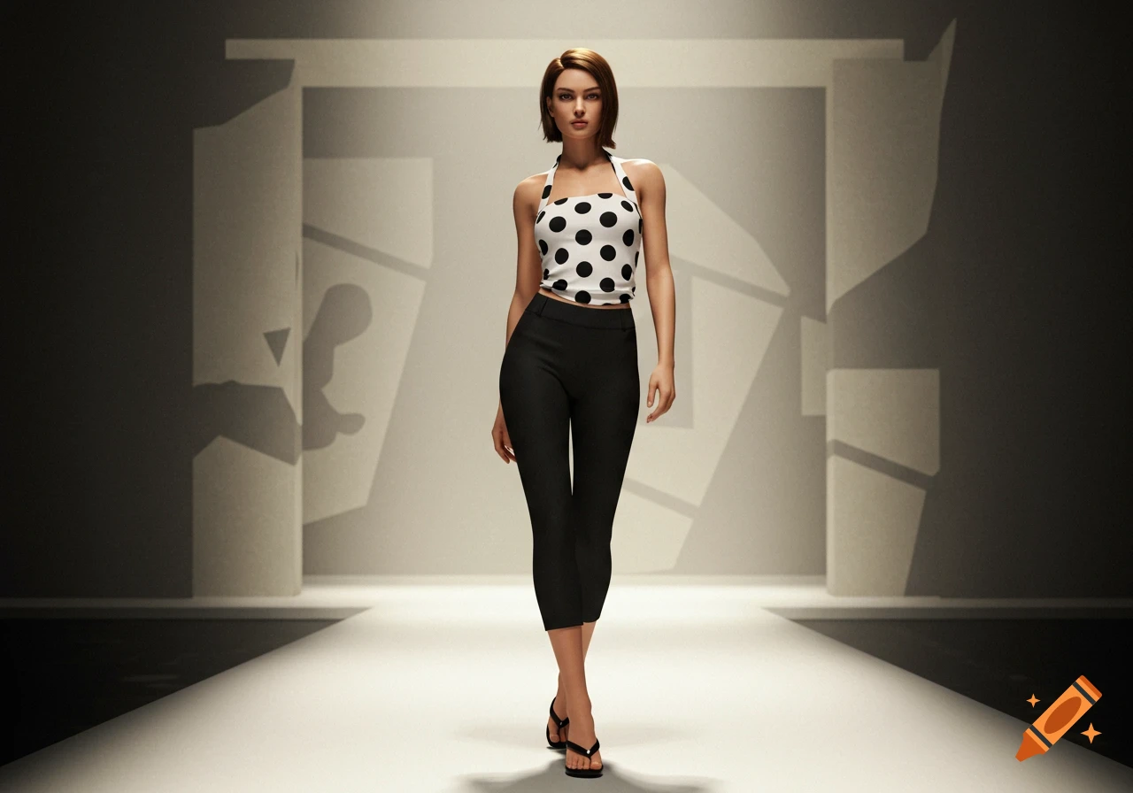 Photorealistic image of a female model in a polka dot halter top, black capri pants, and heeled flip-flops on a runway.