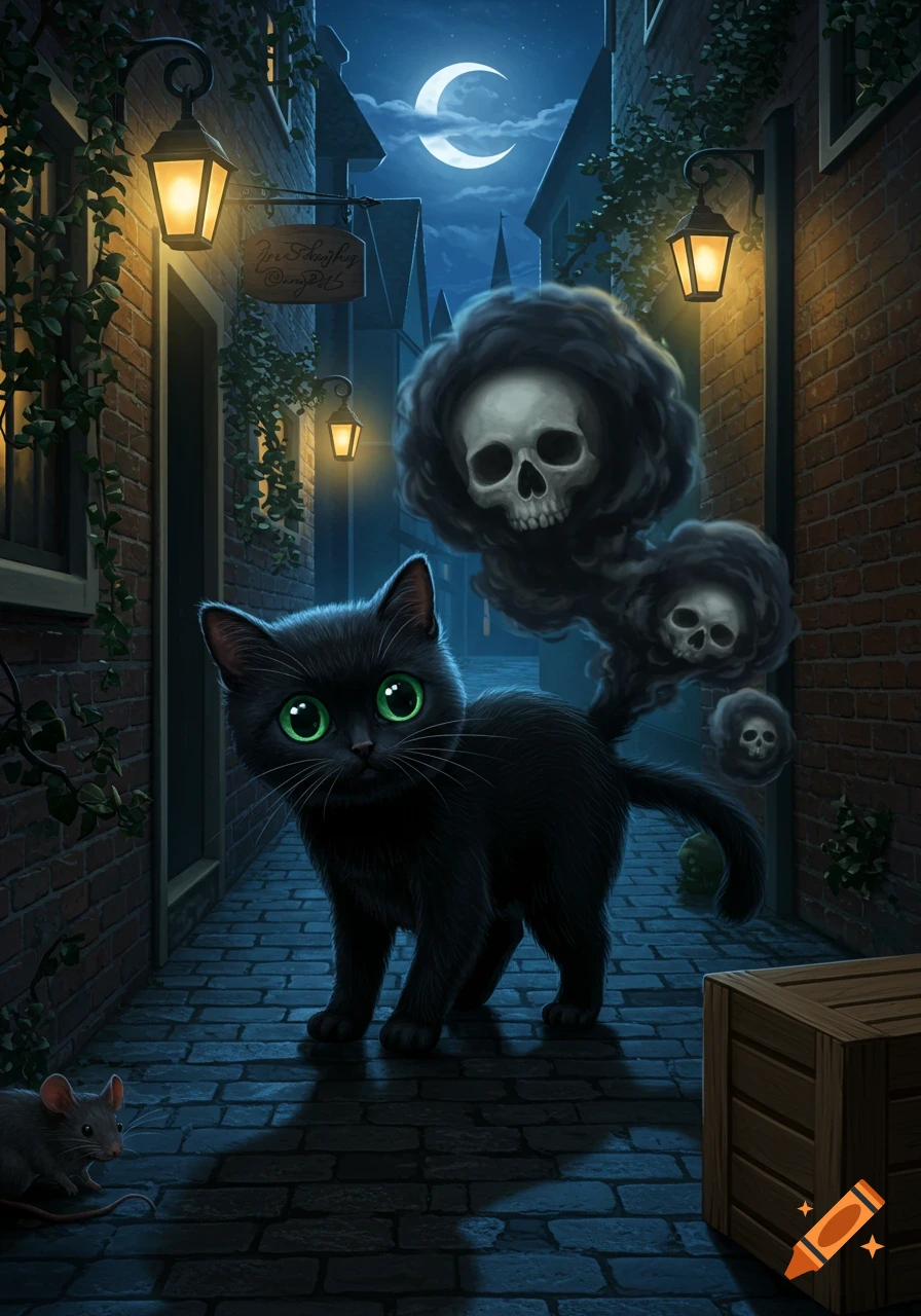 A cute black cat with glowing green eyes stands in a dark alley under a crescent moon, with skull-shaped smoke clouds trailing from its tail. A mouse is on the cobblestones nearby.