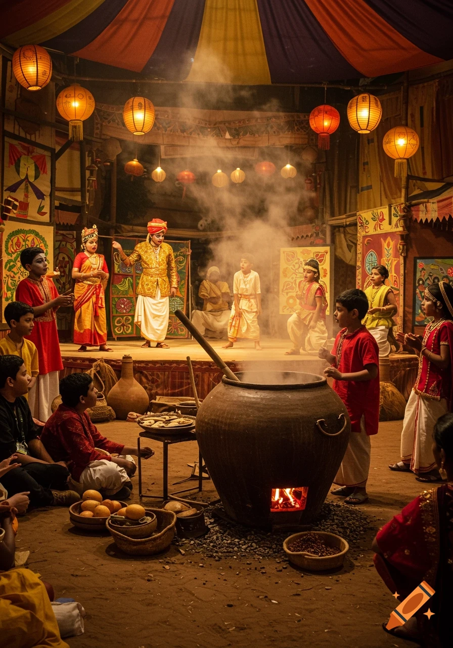 A vibrant cultural performance with children and adults on a stage, surrounded by lanterns and a large cooking pot, under a colorful tent.
