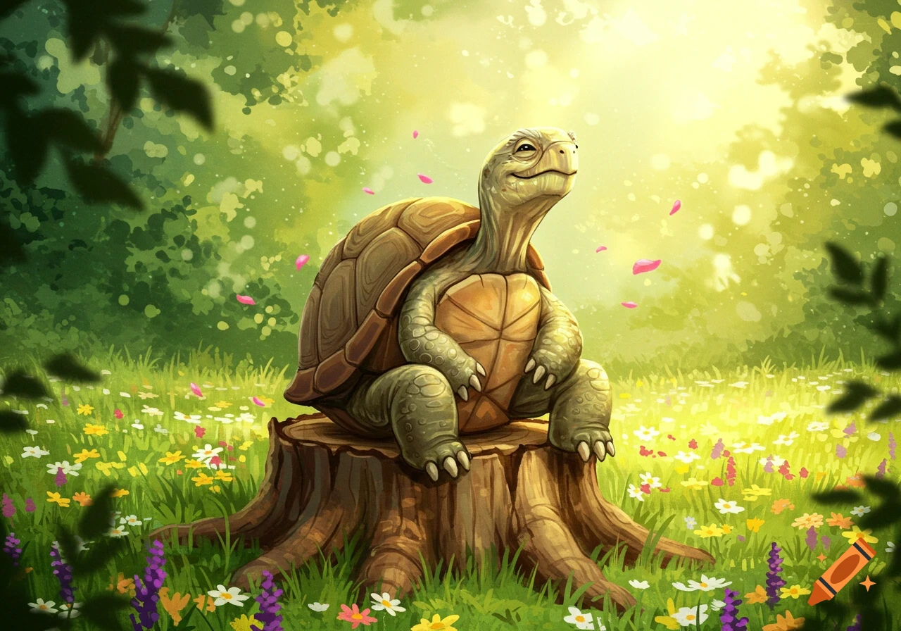 A happy, smiling turtle sits on a tree stump in a sunlit, green meadow with wildflowers and pink petals falling.
