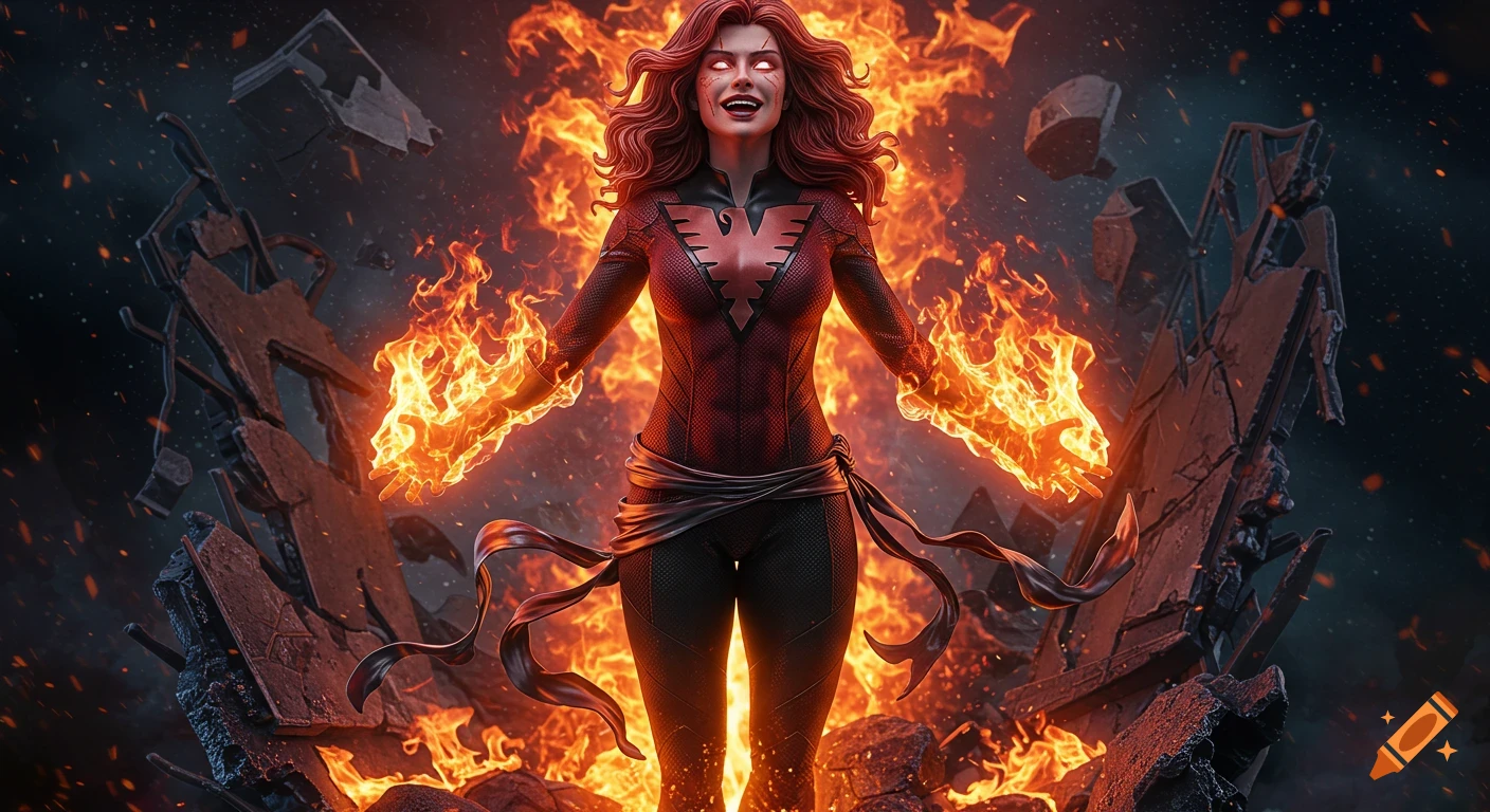 Photorealistic Dark Phoenix Jean Grey engulfed in cosmic flames, sinisterly smiling amidst shattered X-Mansion wreckage.