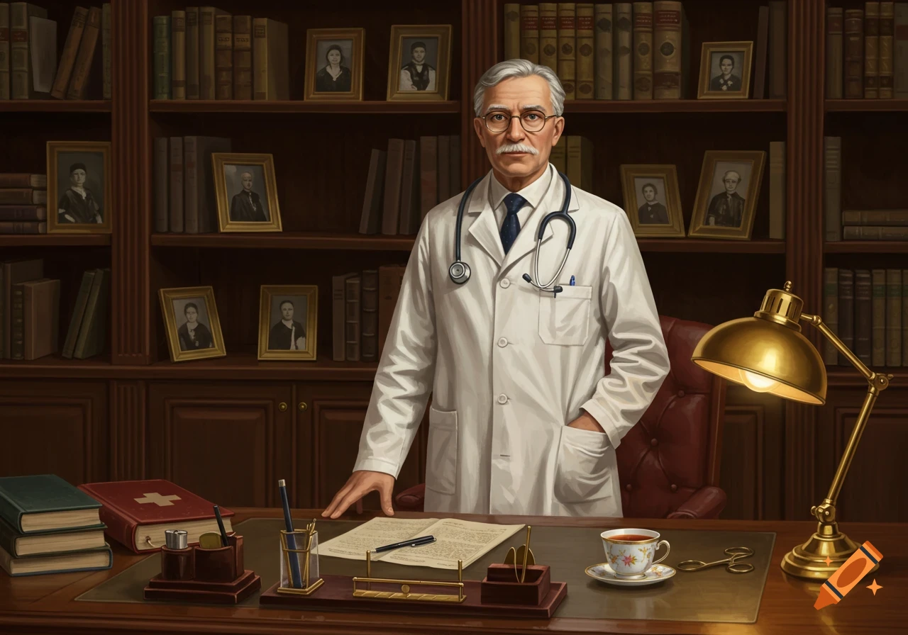 A distinguished elderly male doctor with a mustache and glasses, wearing a white lab coat and stethoscope, stands in a classic wood-paneled office or library behind a desk.