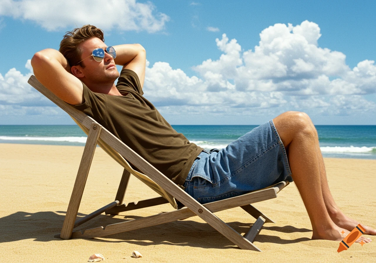 A man in sunglasses and a t-shirt reclines in a beach chair on a sandy beach with the ocean and blue sky in the background.