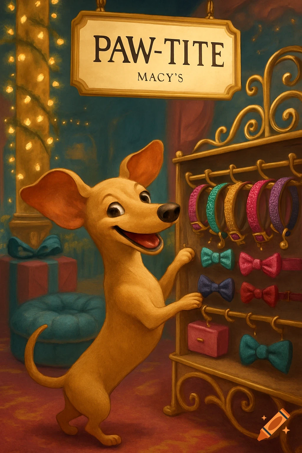 A smiling light brown cartoon dog stands on its hind legs, looking at colorful dog collars and bow ties on a display rack in a pet store with a "PAW-TITE MACY'S" sign.