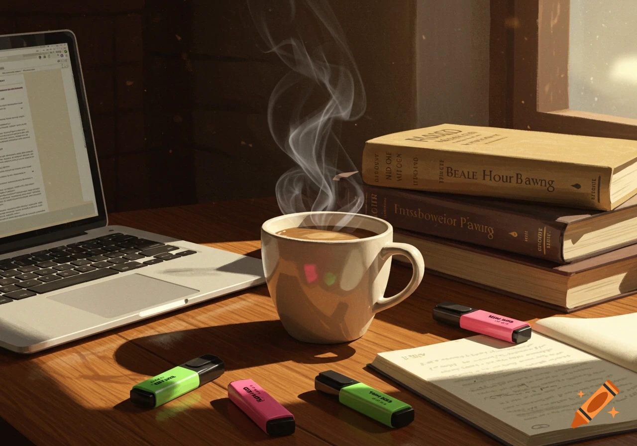 A steaming cup of coffee next to an open laptop, a stack of books, highlighters, and an open notebook on a wooden desk.