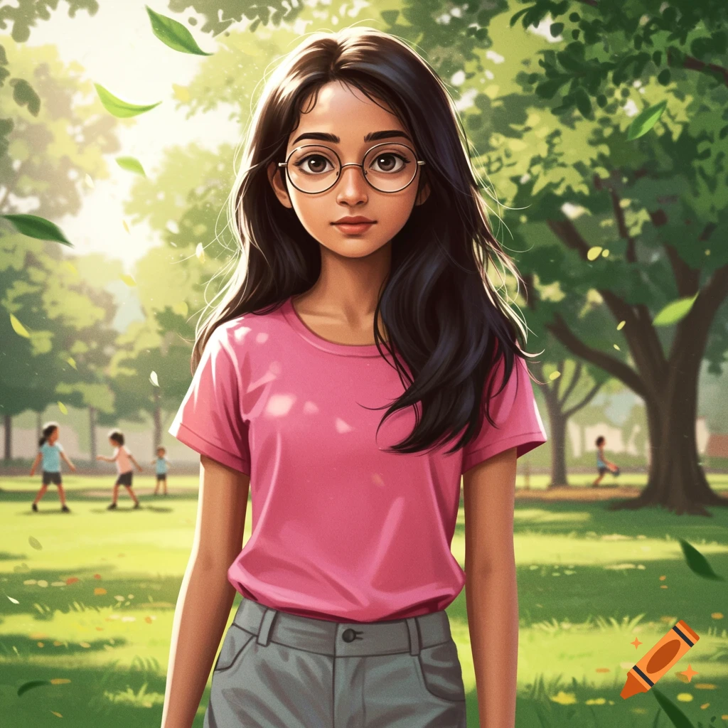 An anime-style portrait of a young Indian girl with glasses, wearing a pink shirt and grey shorts, standing in a sunny park with other children playing in the background.