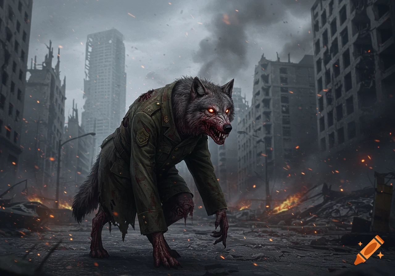 A zombie grey wolf in a ripped military uniform with glowing red eyes stands in a desolate, destroyed city with burning debris.
