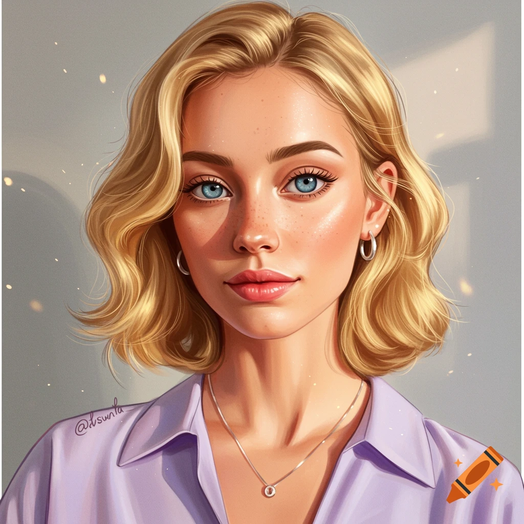 Digital painting of a young woman with short blonde wavy hair, blue eyes, and freckles, wearing a lavender shirt and silver necklace.