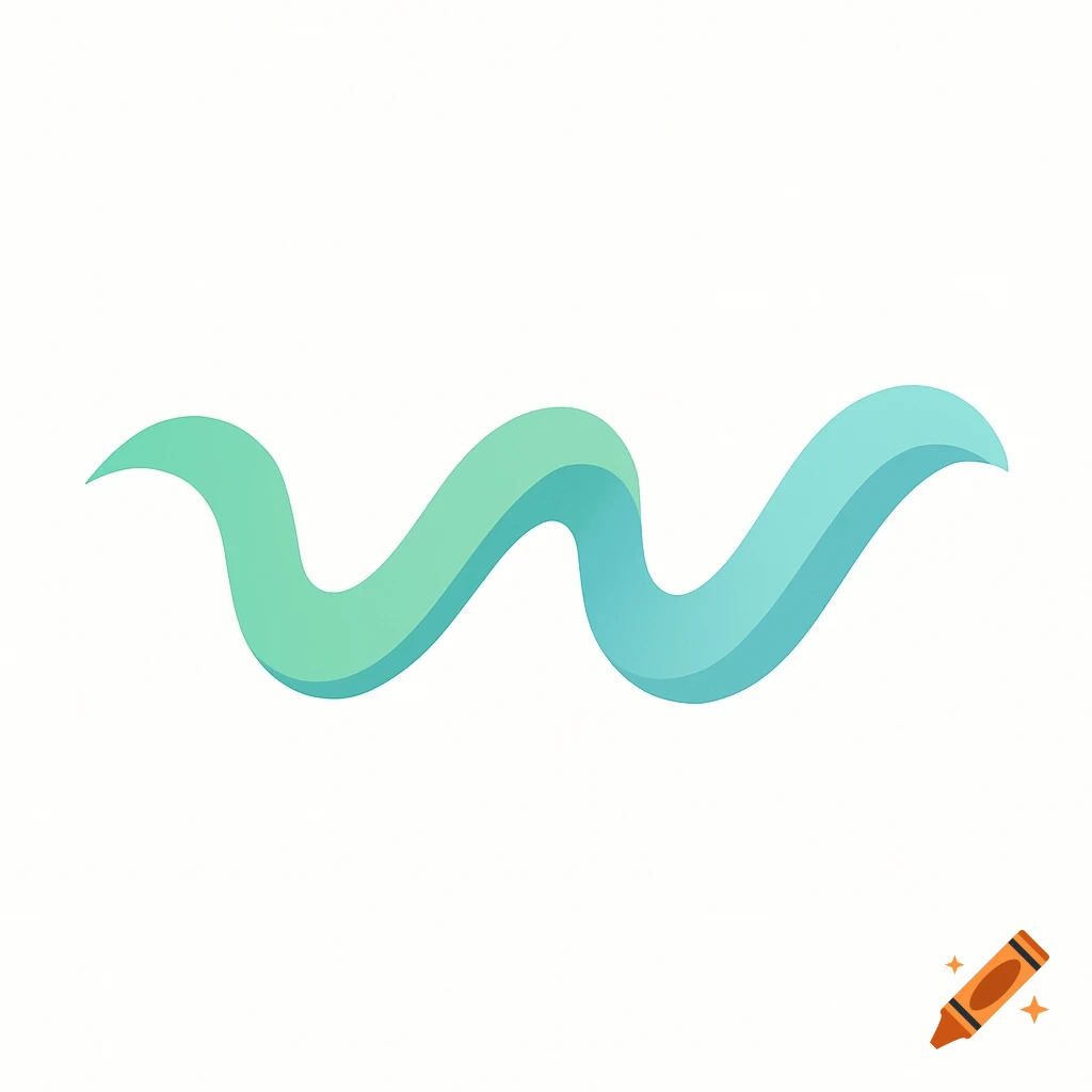 An abstract wavy shape in shades of teal and green, resembling a letter 'W', on a white background.