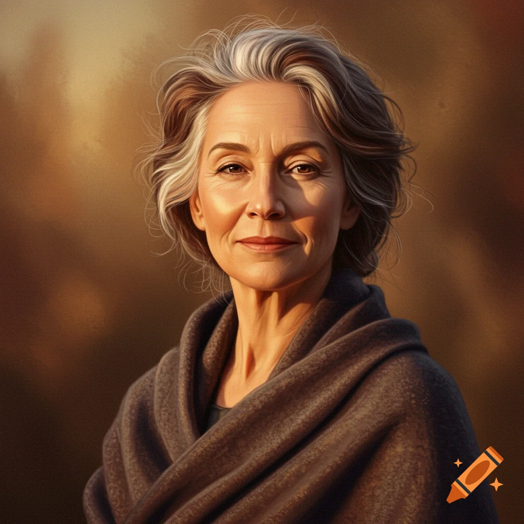 A close-up photorealistic portrait of an older woman with grey and brown hair, wrapped in a brown shawl, looking at the viewer with a slight smile.