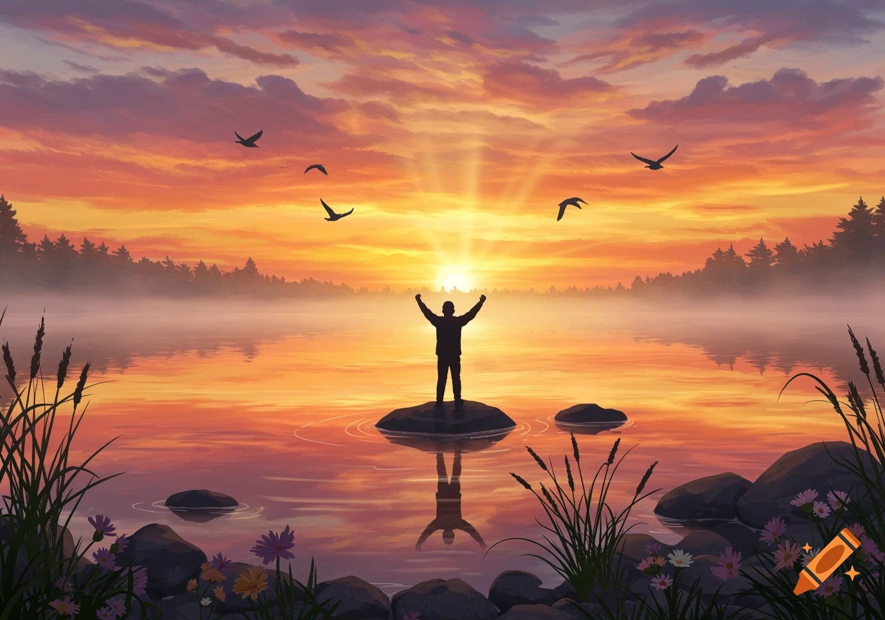 A person stands on a rock in a serene lake with arms raised, silhouetted against a vibrant orange and purple sunrise sky with birds flying.